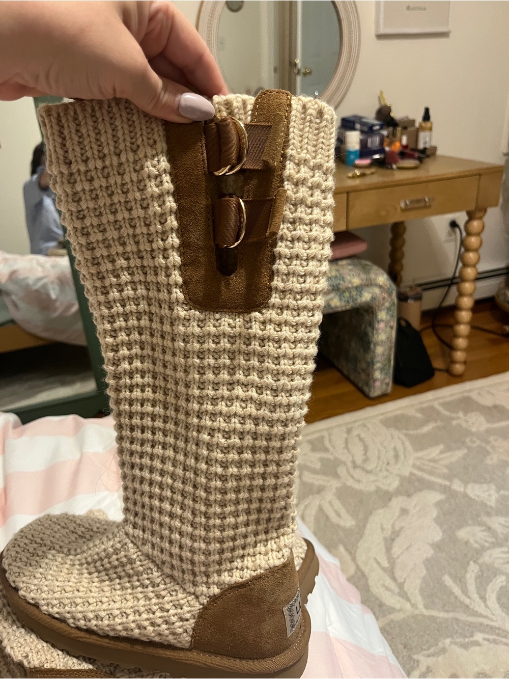 UGG Cream Knit Tall Boots with Brown Suede Trim